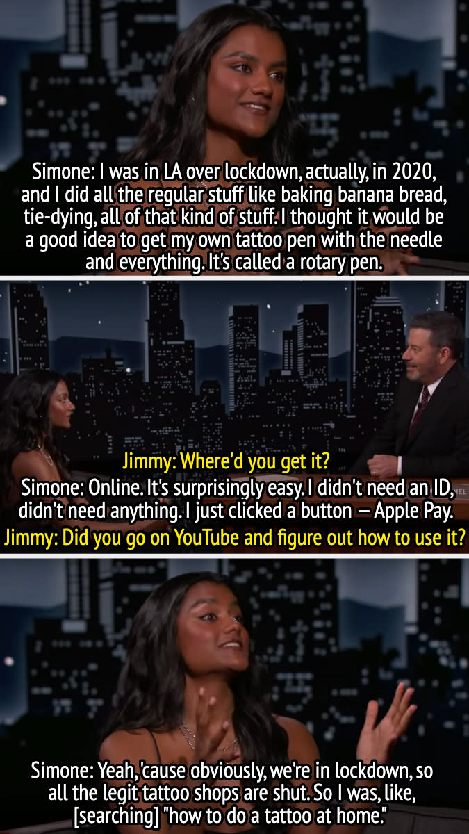 Simone Ashley discusses her experiences during lockdown with Jimmy Kimmel, including buying and using a tattoo pen and searching for YouTube videos