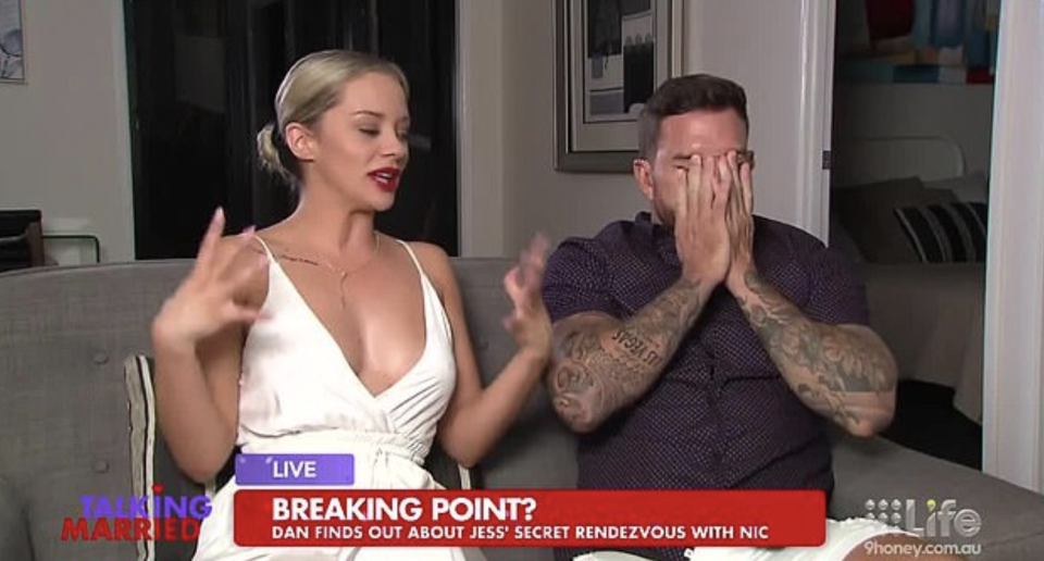 Dan struggled to contain his emotions during the on-air tiff which was triggered by rewatching the finale’s antics. Photo: Channel Nine