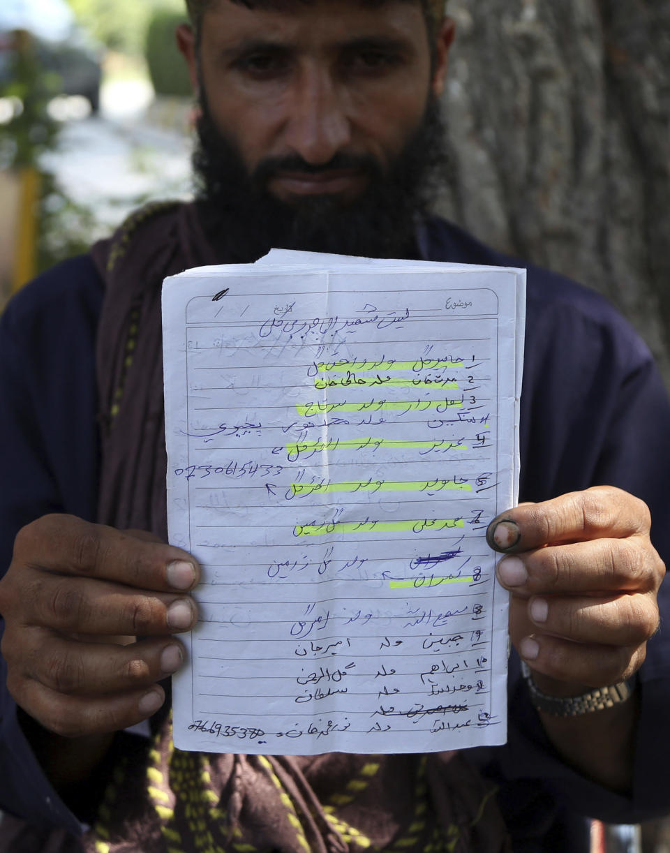 In this Tuesday, Oct. 1, 2019, photo, Abdul Jabar, who lost four members of his family, shows name list of villagers, who ware killed in the airstrike on Sept. 19, in Jalalabad city east of Kabul, Afghanistan, Anger is mounting over the increasing numbers of civilians dying in misdirected US aerial strikes and heavy- handed tactics of CIA-trained Afghan force. Some Afghans calling for Americans to be tried in Afghan courts. (AP Photo/Rahmat Gul)