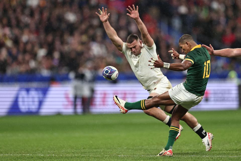 South Africa’s fly-half Manie Libbok is put under pressure (AFP via Getty Images)