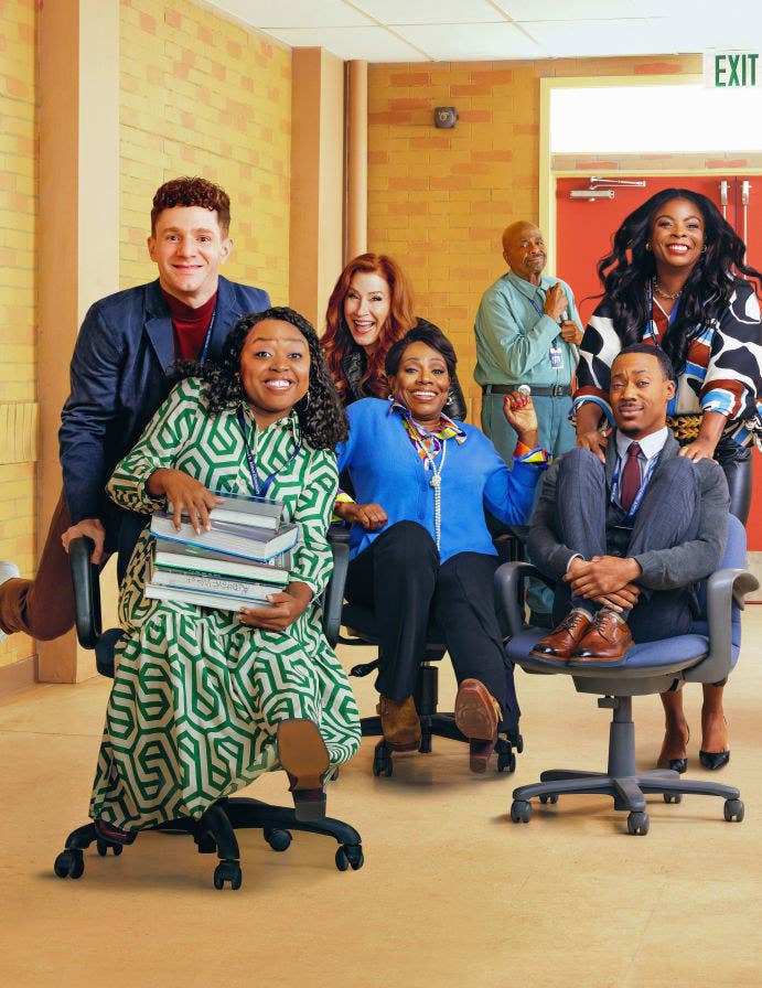 ABCs Abbott Elementary stars Chris Perfetti as Jacob, Quinta Brunson as Janine, Lisa Ann Walter as Melissa, Sheryl Lee Ralph as Barbara, William Stanford Davis as Mr. Johnson, Tyler James Williams as Gregory, and Janelle James as Ava