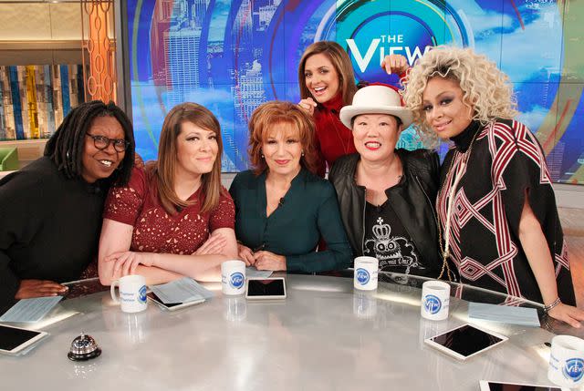 <p>Lou Rocco/Disney General Entertainment Content via Getty</p> Michelle Collins with her former 'The View' co-hosts and guest Margaret Cho
