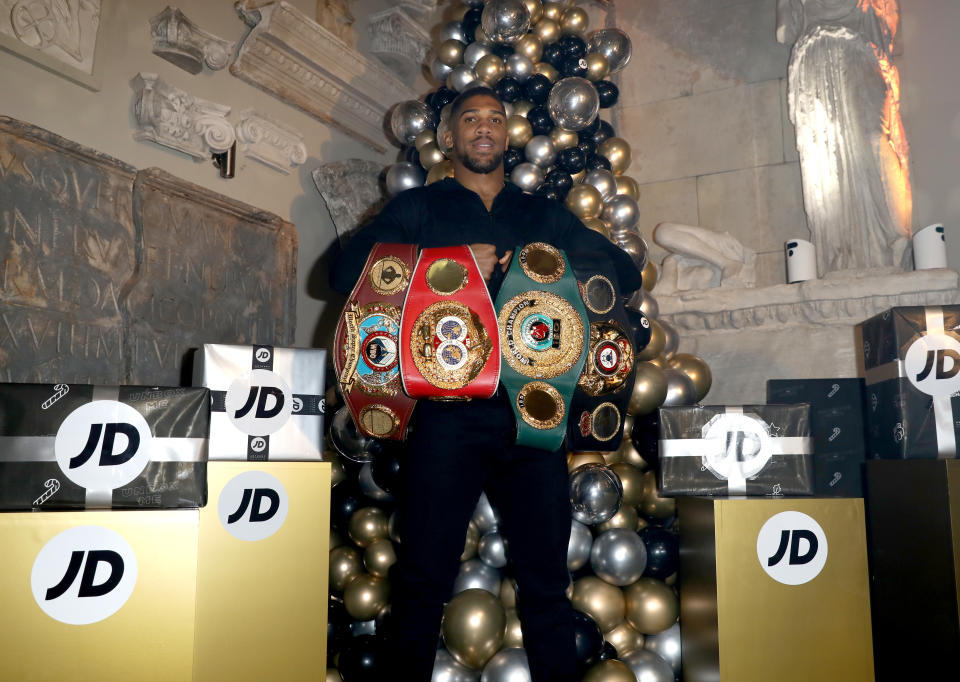 BANBURY, ENGLAND - DECEMBER 17: Anthony Joshua attends JD Comes Alive: JD's blockbuster Christmas party at Aynhoe Park on December 17, 2019 in Banbury, England. (Photo by Tristan Fewings/Getty Images for JD)