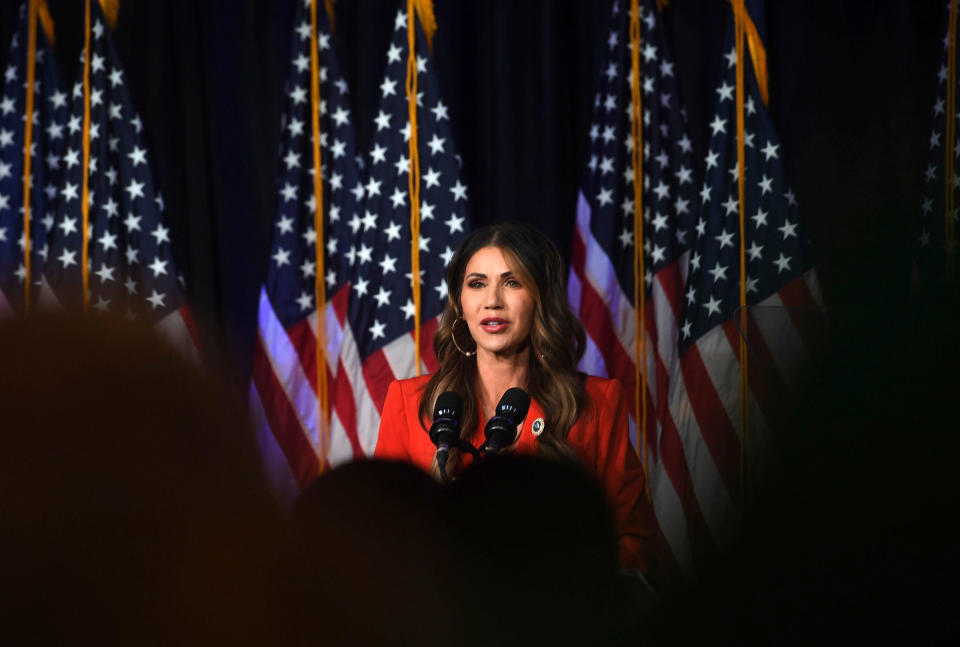 South Dakota Gov. Kristi Noem speaks at her election watch party after winning re-election in Sioux Falls, S.D. on Nov. 8, 2022.<span class="copyright">Erin Woodiel—The Argus Leader/AP</span>