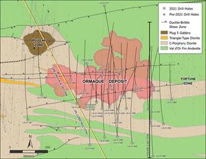 Geological map of the Ormaque deposit area, showing collars and traces of drill holes completed since the February 2021 announcement of the maiden inferred resource and surface projection outline of the deposit area. Drillhole collar coordinates and orientations provided in Appendix 2.