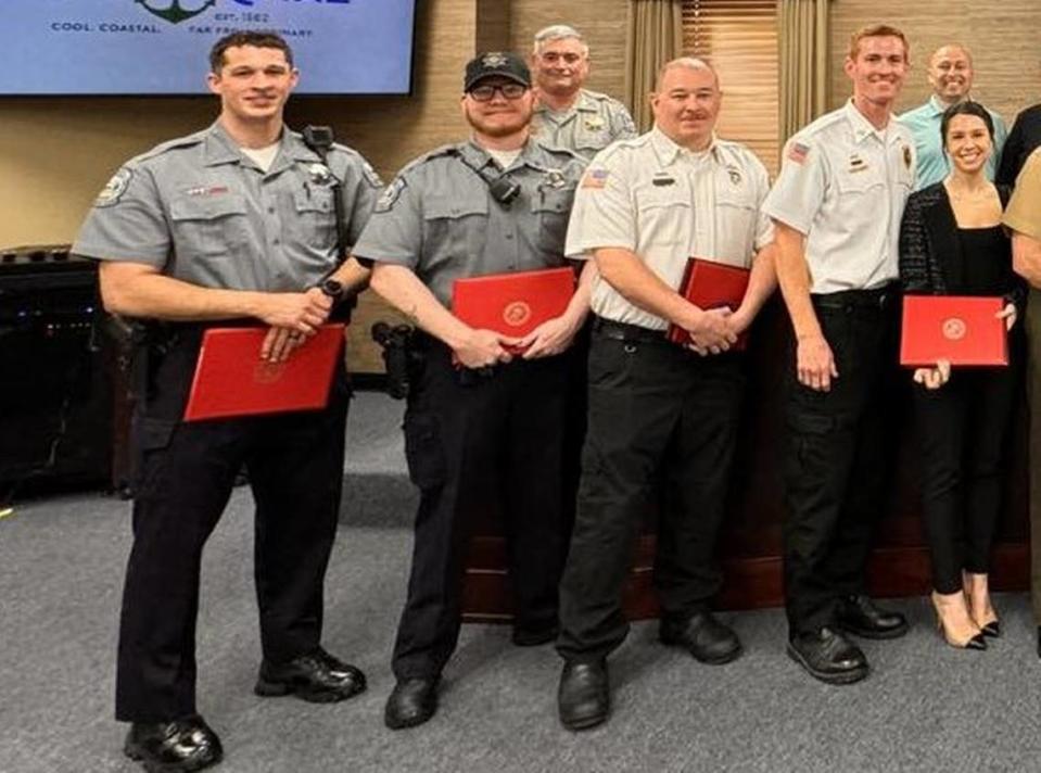 From left to right, patrolman Russel Simmons (Police Department Life Saving Award), Cpl. Kierian Kirby (Police Department Life Saving Award), Lt. Matt Domanski (Fire Department Life Saving Award), Deputy Fire Chief Ross Vezin and Beaufort Memorial Hospital emergency room nurse Julia Dale (Fire Department Life Saving Award). The local fire and police personnel contributed to saving the life of Marine Lance Cpl. Jayden Pearman, who was shot Nov. 1, 2023.