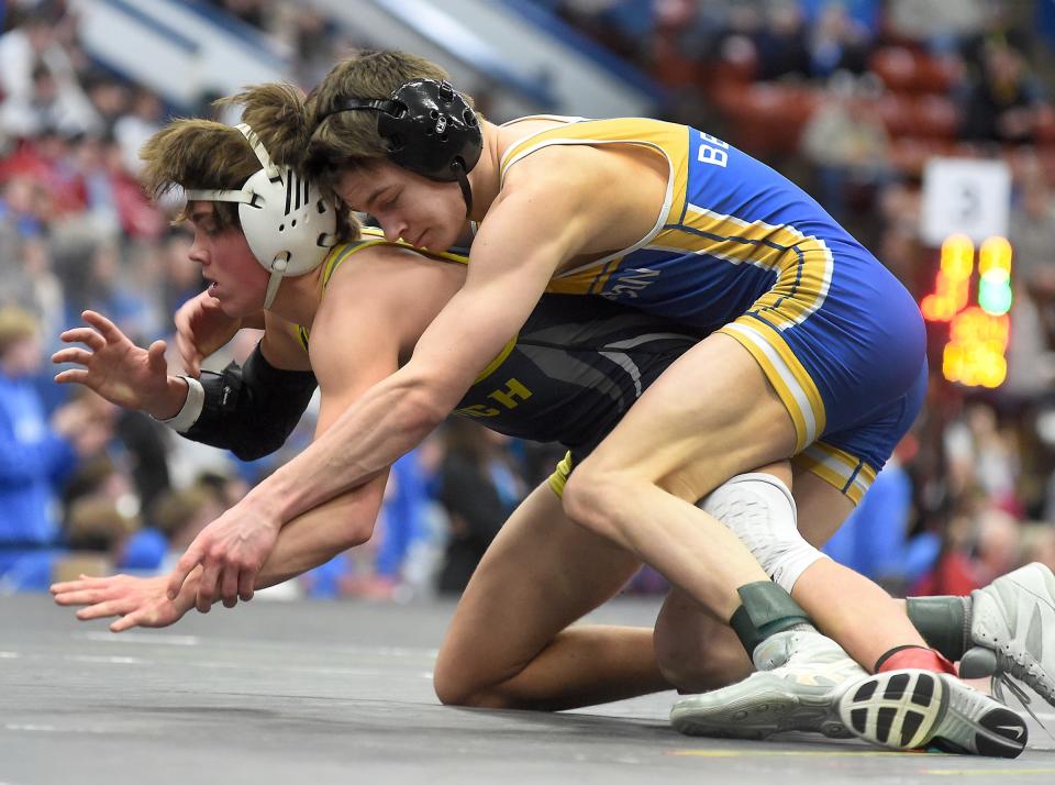 Ryder Mulherin of Jefferson controls Jaden David of Goodrich to hold to win 4-2 at 126 pounds in the D2 state quarterfinals at the Wings Event Center in Kalamazoo Friday, February 24, 2023.