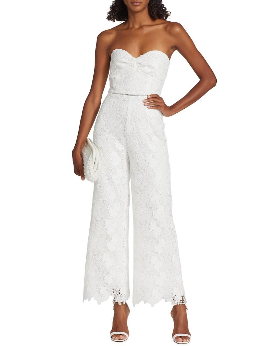 ML Monique Lhuillier Strapless Floral Lace Jumpsuit