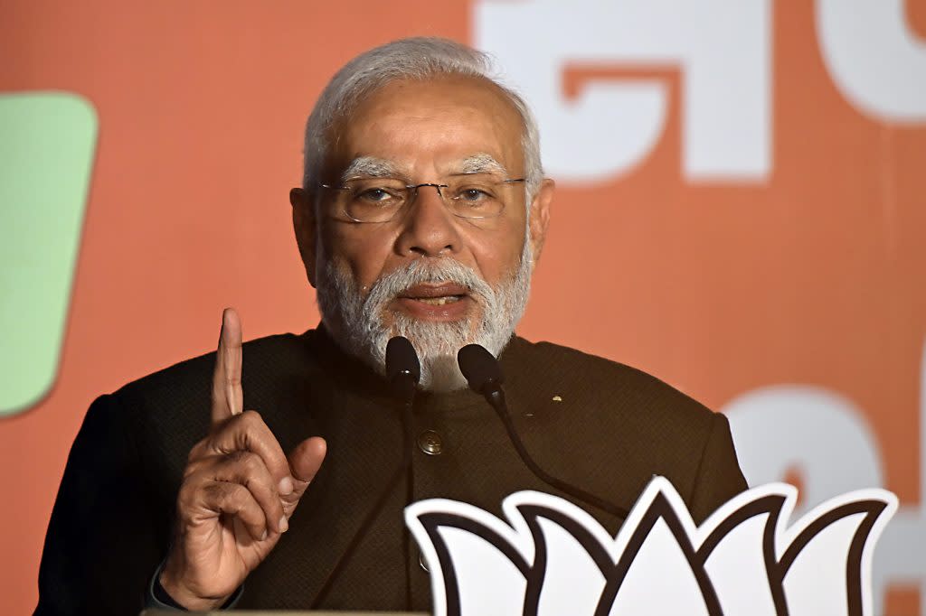 Narendra Modi, India's prime minister, speaks at the Bhartiya Janata Party (BJP) headquarters in New Delhi, India, on Sunday, Dec. 3, 2023. India's ruling Bharatiya Janata Party won three crucial state elections and unseated the opposition in two of them, strengthening Modi's bid for a third term in office. Photographer: Prakash Singh/Bloomberg via Getty Images