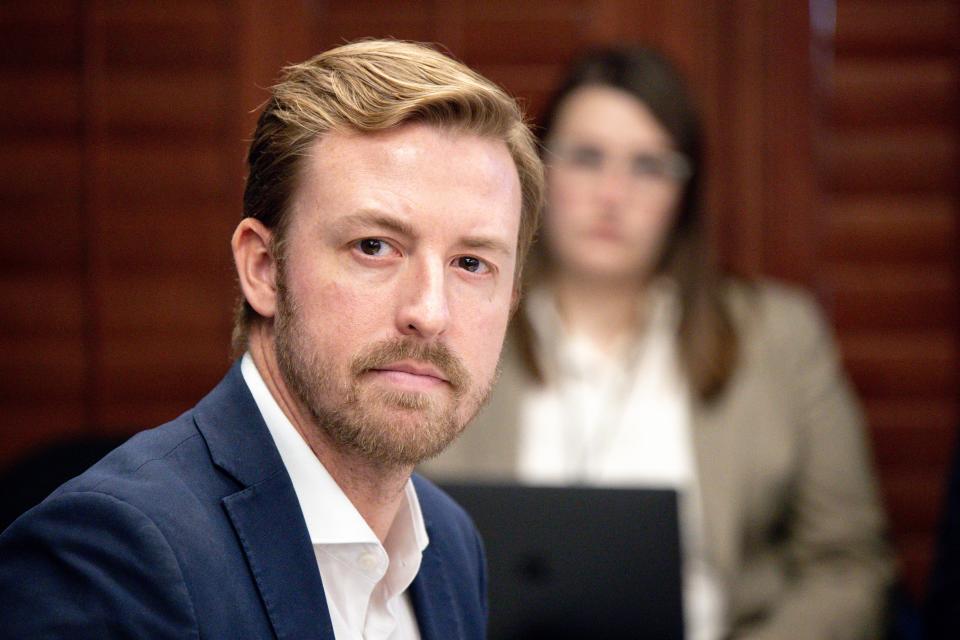 Ryan Walters, Oklahoma State Superintendent of Public Instruction, speaks during a school board meeting at the Oklahoma Capitol in Oklahoma City, on Thursday, Jan. 25, 2024.