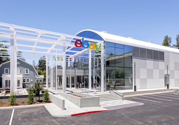 The eBay logo at the entrance to the company's campus in San Jose.