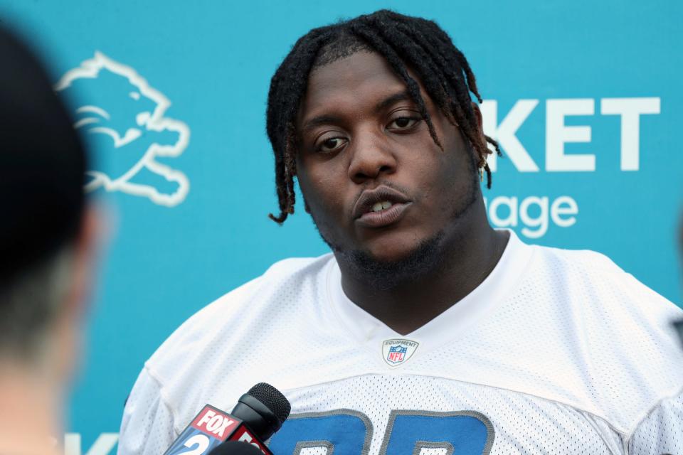 Detroit Lions defensive lineman Brodric Martin talks to reporters after rookie minicamp Saturday, May 13, 2023.
