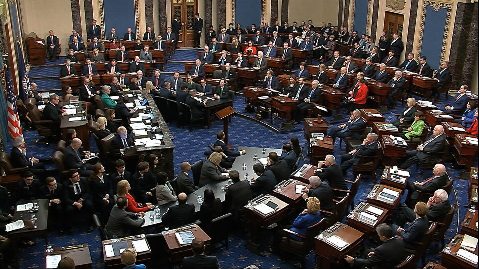 The Senate voting on Trump's first impeachment in February 2020. Sen. Mitt Romney (R-Utah) cast the lone vote to convict by a Republican in the upper left-hand corner. (Photo: Senate Television via AP)