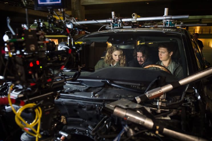 Lily James, Edgar Wright, and Ansel Elgort on the set of ‘Baby Driver’ (Sony)