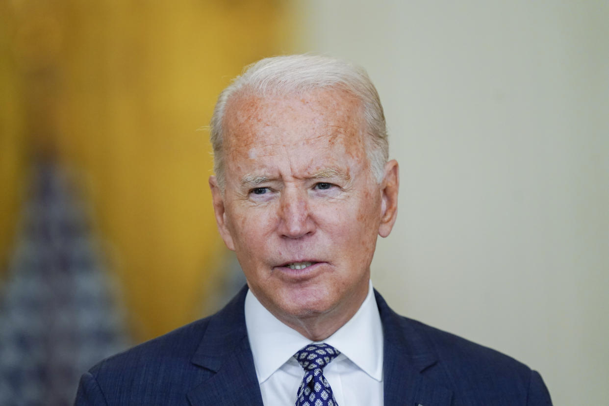 FILE - President Joe Biden speaks about the evacuation of American citizens, their families, SIV applicants and vulnerable Afghans in the East Room of the White House in Washington, Aug. 20, 2021. (AP Photo/Manuel Balce Ceneta, File)