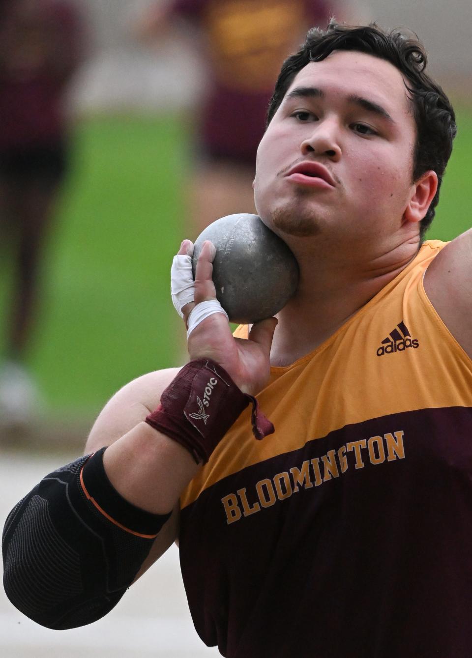 Bloomington North’s Max Wynalda prepares to throw in the shot put during the IHSAA boys’ track and field sectional championship at Bloomington North on Thursday, May 16, 2024.