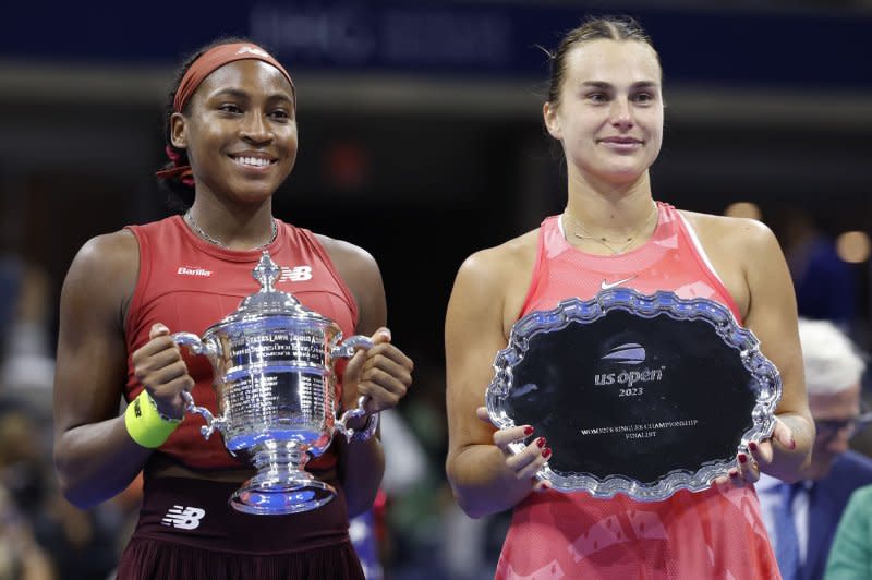 Coco Gauff (L), who beat Aryna Sabalenka in September in the 2023 U.S. Open women's singles final, lost to the Belarusian in straight sets in the 2024 Australian Open semifinals Thursday in Melbourne. File Photo by John Angelillo/UPI