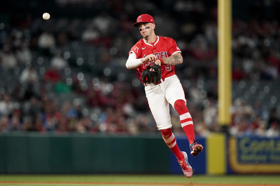 Los Angeles Angels shortstop Zach Neto throws out Philadelphia Phillies' Trea Turner at first during the seventh inning of a baseball game, Monday, April 29, 2024, in Anaheim, Calif. (AP Photo/Ryan Sun)