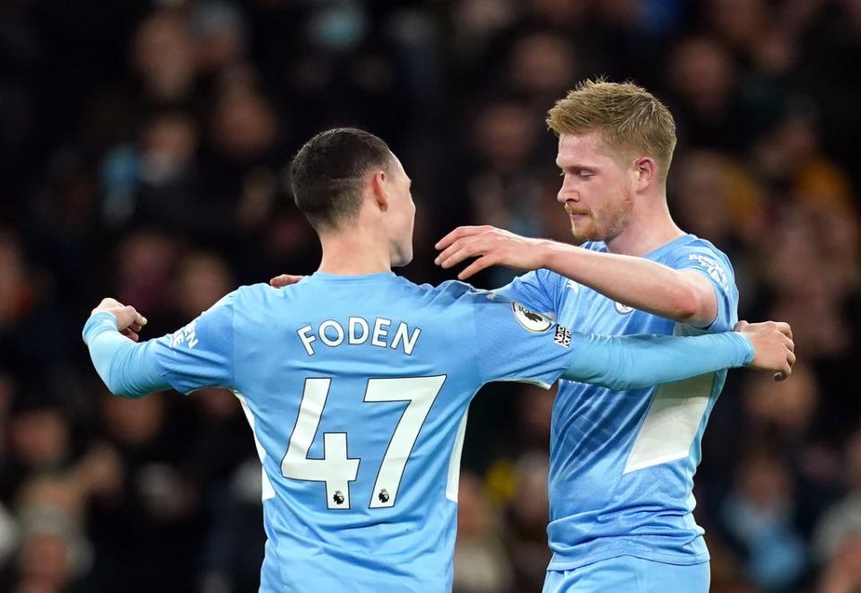 Manchester City’s Kevin De Bruyne, right, and Phil Foden have scooped the Premier League’s player of the year awards (Martin Rickett/PA) (PA Wire)