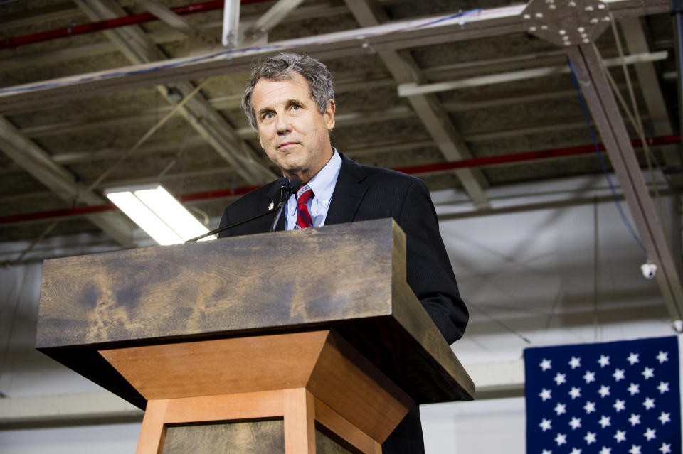 Image: Sen. Sherrod Brown, D-Ohio, speaks at a campaign rally in Cleveland on June 13, 2016.
