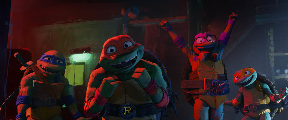 L-R: Leonardo, Raphael, Donatello And Michelangelo in Teenage Mutant Ninja Turtles: Mutant Mayhem. (Paramount)