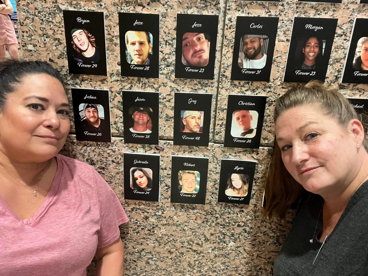 Casey Leleux and Denise Konow, pictured next to memorial pictures of their children and others who have died from fentanyl overdose or poisoning. (Courtesy Casey Leleux)