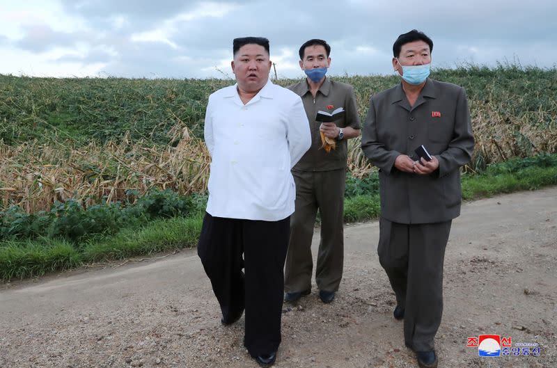 North Korean leader Kim Jong Un inspects the typhoon-damaged area in South Hwanghae Province
