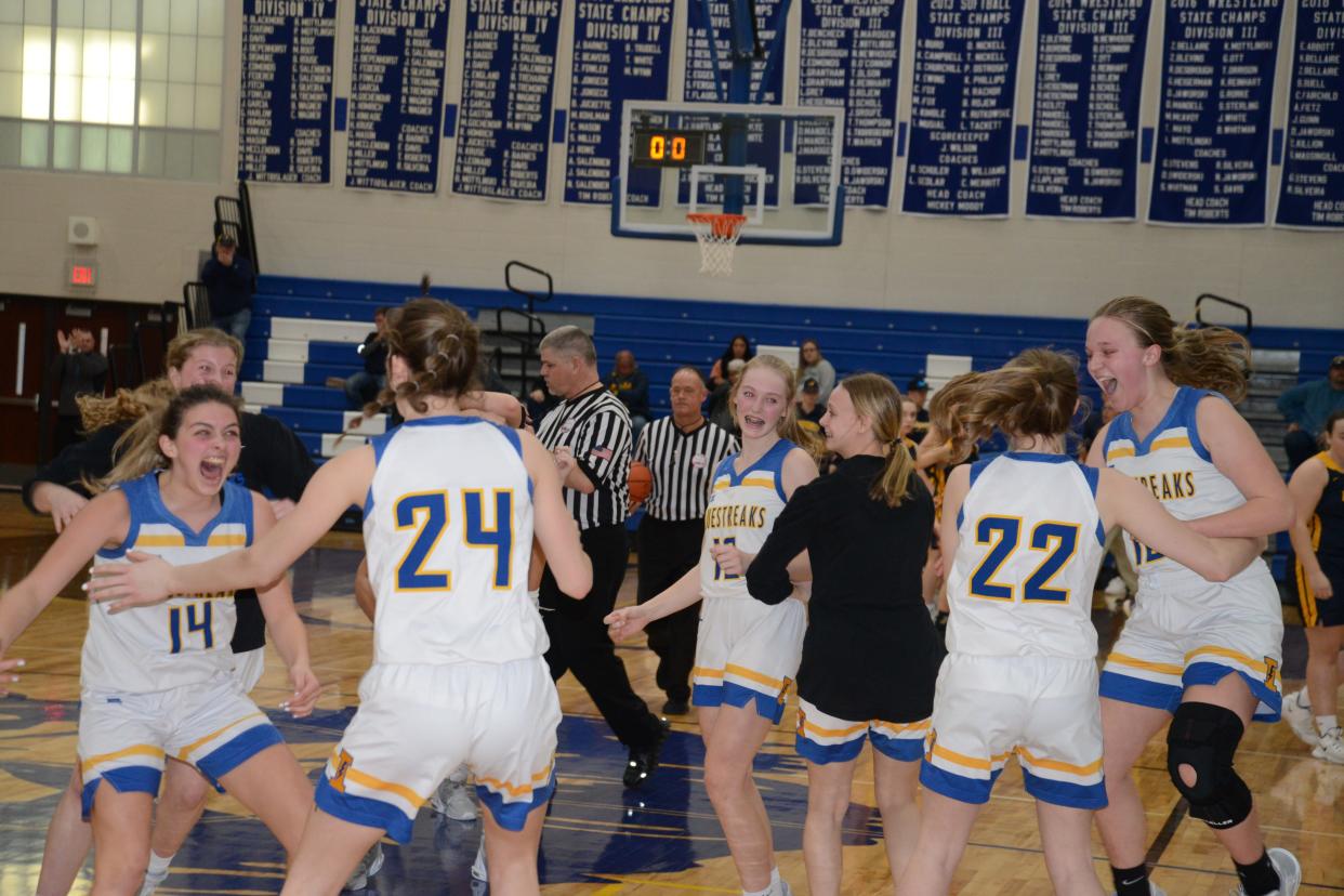 Ida's girls basketball team celebrates its 48-42 win over Airport in the finals of the Division 2  District at Dundee.