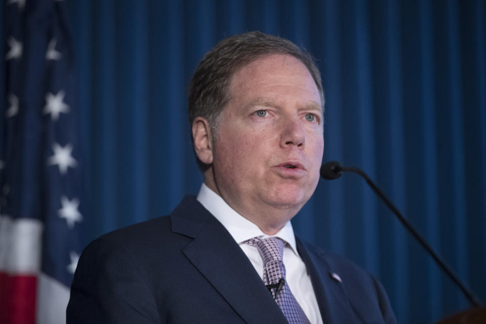 Geoffrey S. Berman, U.S. Attorney for the Southern District of New York, speaks during a news conference announcing charges against Rochester Drug Co-Operative Laurence Doud III, Tuesday, April 23, 2019, in New York. Prosecutors allege Doud ignored red flags to turn his drug distributor into a supplier of last resort as the opioid crisis raged. (AP Photo/Mary Altaffer)