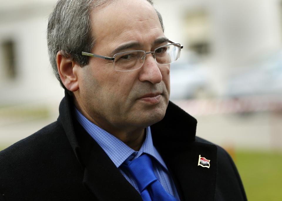 Syrian Deputy Foreign Minister Meqdad speaks to the media after a meeting at the Geneva Conference on Syria at the United Nations European headquarters in Geneva