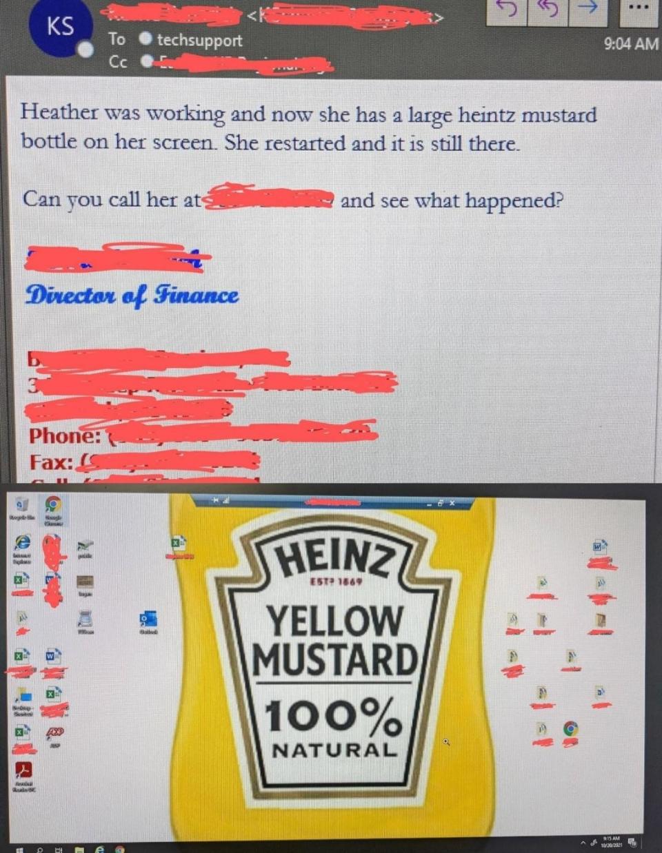 An email screenshot asks to call Heather about a large Heinz mustard bottle stuck on her screen. Below is a desktop with a Heinz mustard background. Redacted contact details are present