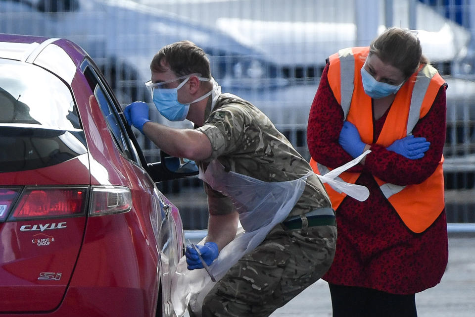 Picture taken at 1037am of Military personnel help administer Covid19 tests for NHS workers at Edgbaston cricket ground in Birmingham, as the UK continues in lockdown to help curb the spread of the coronavirus.