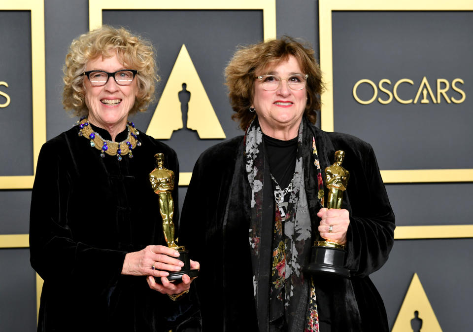 Set decorator Nancy Haigh and production designer Barbara Ling, winners of the Production Design award for “Once Upon a Time in Hollywood,” pose in the press room during the 92nd Annual Academy Awards at Hollywood and Highland on February 09, 2020 in Hollywood, California. (Photo by Amy Sussman/Getty Images)