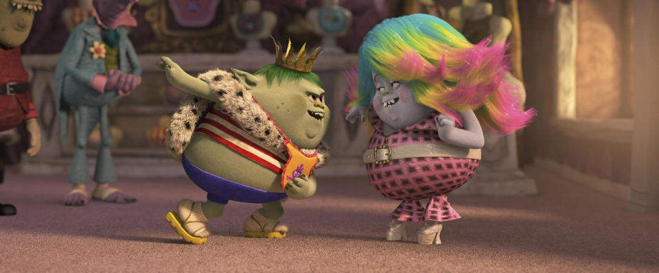 From left: Young Bergen King Gristle (voiced by Christopher Mintz-Plasse) is smitten by by the newly made over Bergen scullery maid Bridget (voiced by Zooey Deschanel) in DreamWorks Animation's TROLLS.