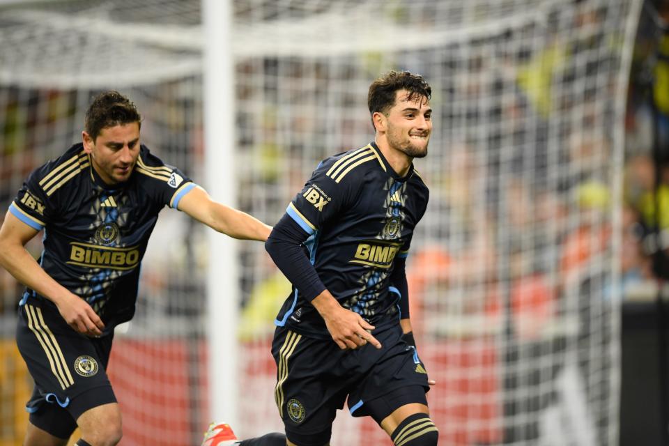 Julián Carranza celebrates after scoring a goal in a 2-1 Philadelphia Union win against Nashville SC at Geodis Park on April 6.