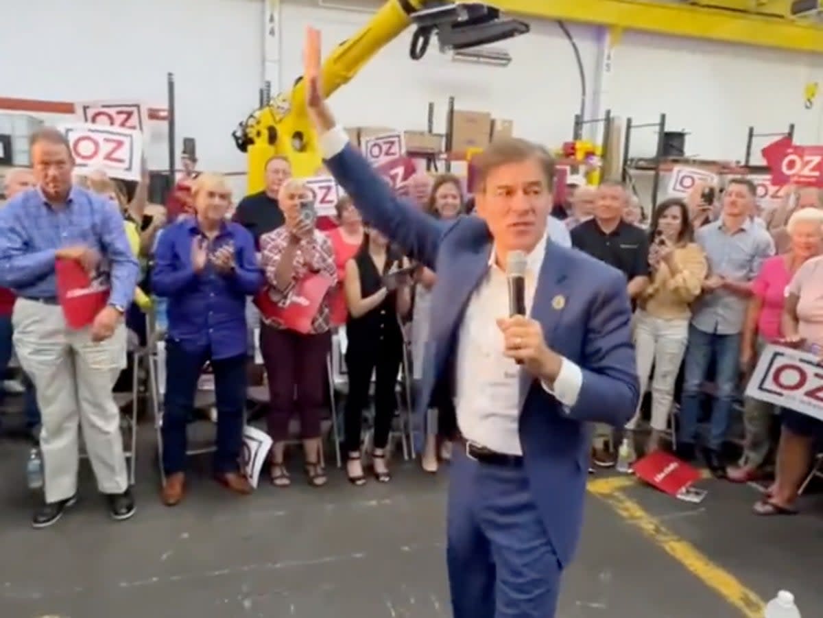 Dr Oz speaks in front of a crowd during a Senate campaign event in Monroeville, Pennsylvania (Screenshot / Twitter / Dr Mehmet Oz)