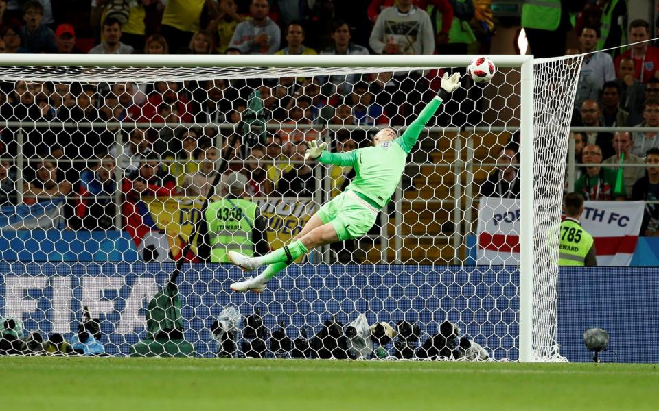 Pickford use all of his height to pull off this stunning save against Colombia in England’s Round of 16 win.