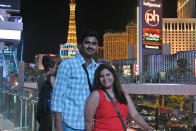 In this undated photo provided by Kranti Shalia, Srinivas Kuchibhotla, left, poses for photo with his wife Sunayana Dumala in Las Vegas. In the middle of a crowded bar, a 51-year-old former air traffic controller yelled at two Indian men - Kuchibhotla and Alok Madasani - to "get out of my country," witnesses said, then opened fire in an attack that killed one of the men and wounded the other, as well as a third man who tried to help, Thursday, Feb 23, 2017, in Olathe, Kan. (Kranti Shalia via AP)