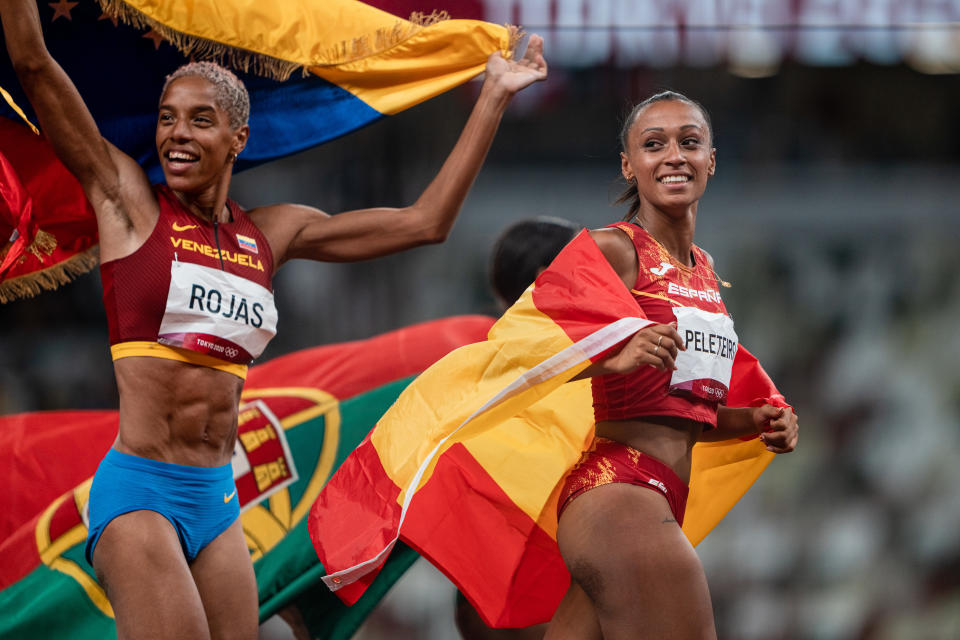 JAPAN - AUGUST 01: Team Spain's Ana Peleteiro, bronze medalist in the triple jump final, celebrates her medal with Yulimar Rojas (gold) during the 2020 Olympic Games on August 1, 2021 in Tokyo, Japan. (Photo By SergioMateo/EuropaPress via Getty Images)