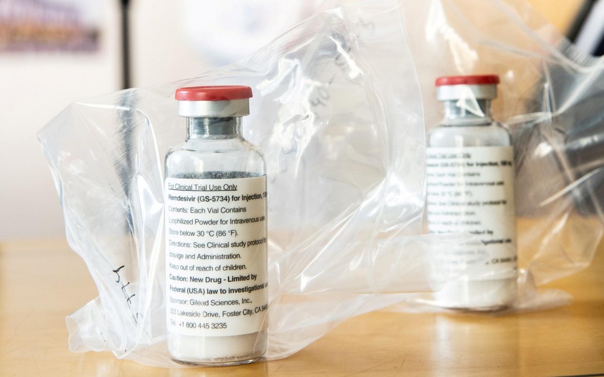 Two ampules of Ebola drug Remdesivir are pictured during a news conference at the University Hospital Eppendorf (UKE) in Hamburg, Germany - REUTERS