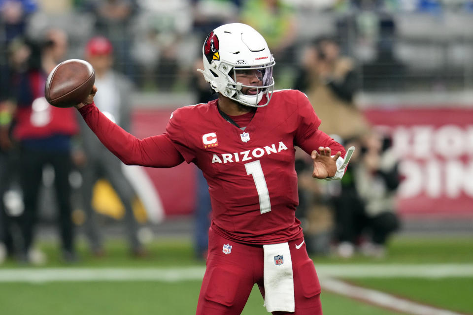 Arizona Cardinals quarterback Kyler Murray passes against the Seattle Seahawks in the first half of an NFL football game Sunday, Jan. 7, 2024, in Glendale, Ariz. (AP Photo/Ross D. Franklin)