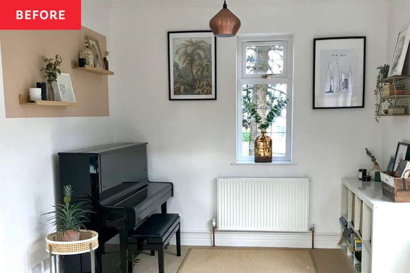 Piano and storage unit in room before being transformed into breakfast nook.