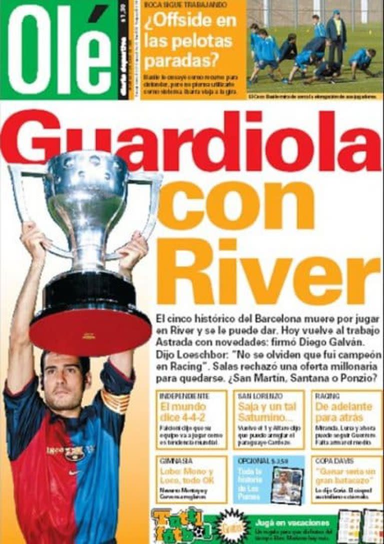 La portada del diario Olé, en la que se destaca la posibilidad de que Guardiola se incorpore a River en 2005