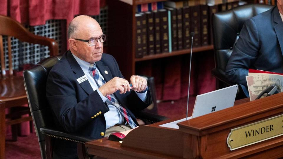 Senate Pro Tem Chuck Winder listens as the Idaho Legislature reconvenes Wednesday, May 12, 2021 after a one-week recess. Lawmakers at the Statehouse voted to recess the 2021 Session to September.