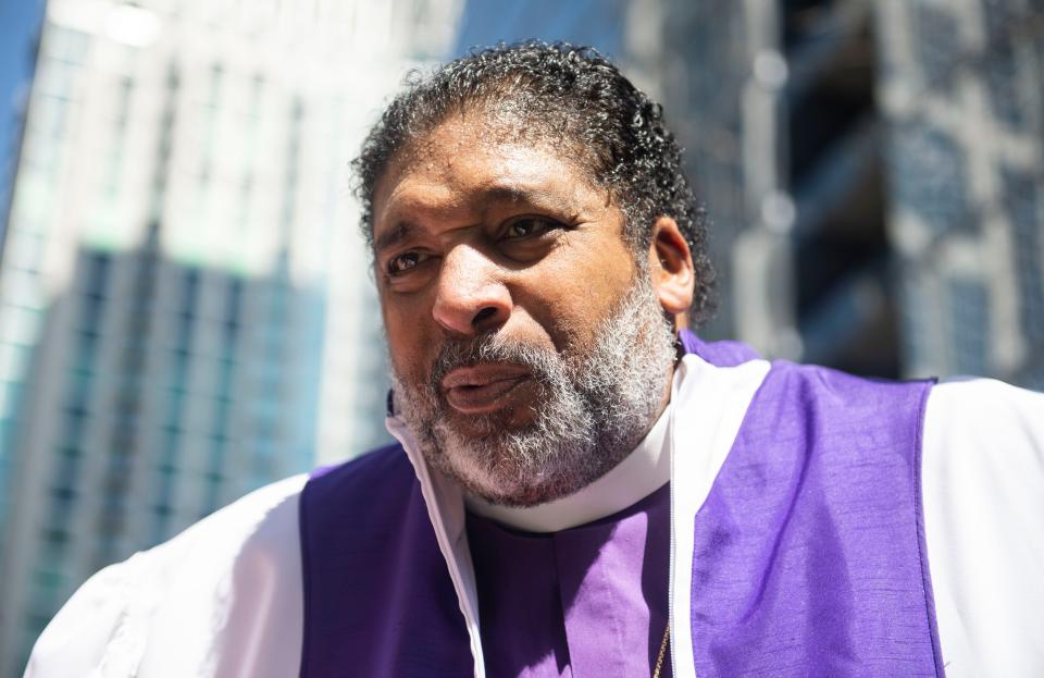 Rev. William J. Barber II, seen at the Tennessee State Capitol Monday, April 17, 2023, told a crowd on Friday, Dec. 29, 2023 he was asked to leave an AMC Theater in North Carolina because of a chair he used for his disability.