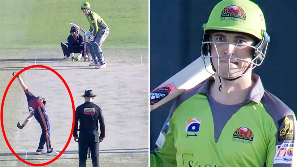 Pictured here, a batsman looks on in shock at Sri Lankan spinner Kevin Koththigoda's action.