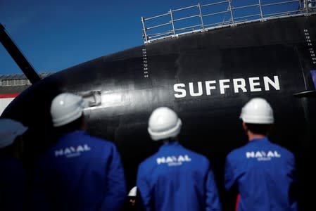 The French Navy vessel called "Suffren", first of the nuclear Barracuda class attack submarines, leaves the workshops of its construction at the Naval Group site in Cherbourg