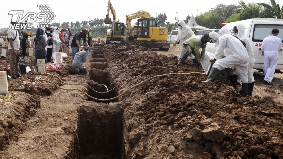 圖／達志影像美聯社，殯葬工作人員開著挖土機挖好一個個簡易墓地，以供病歿者下葬。
