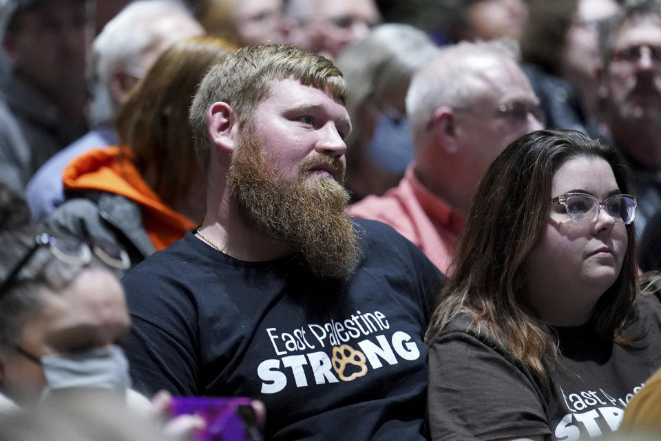 East Palestine residents listen to a town hall meeting at East Palestine High School concerning the Feb. 3 Norfolk Southern freight train derailment in East Palestine, Ohio, Friday, Feb. 24, 2023. (AP Photo/Matt Freed)