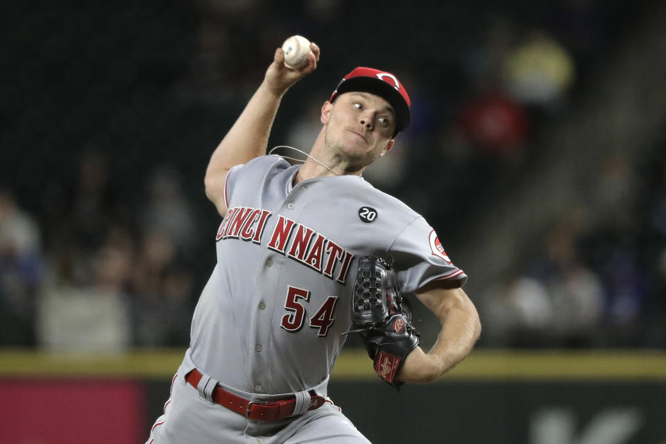 Cincinnati Reds starting pitcher Sonny Gray throws to a Seattle Mariners batter during the fifth inning of a baseball game Wednesday, Sept. 11, 2019, in Seattle. (AP Photo/Ted S. Warren)